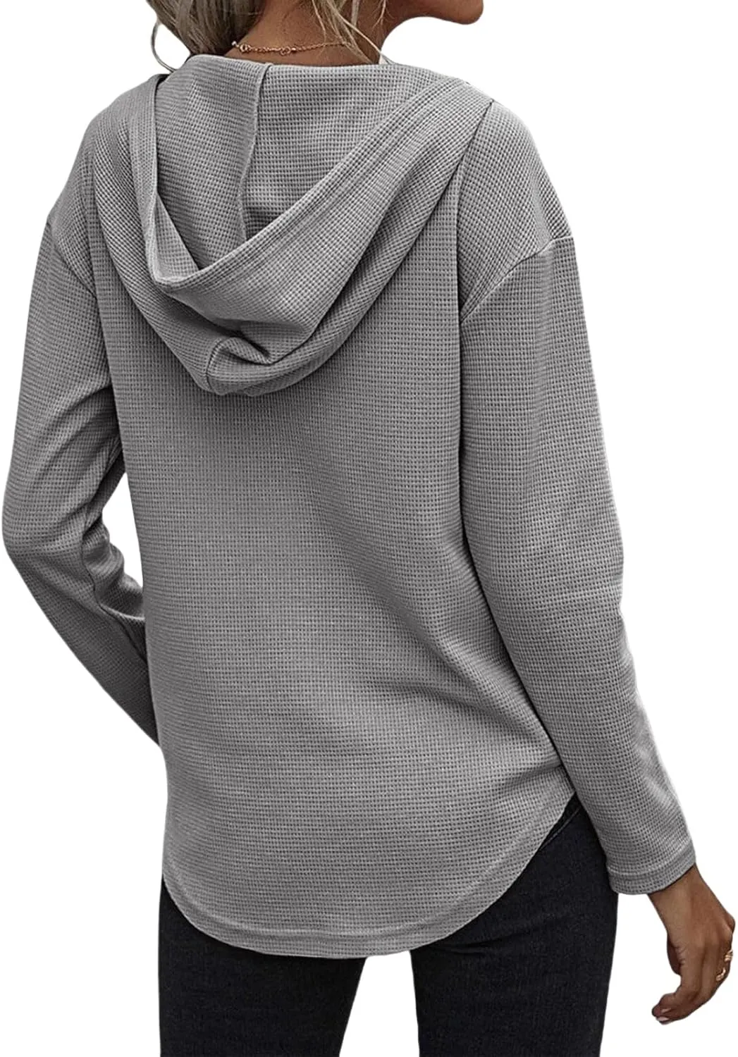 Long Sleeve Tops for Women V Neck Waffle Knit Hoodies Casual Drawstring Pullover Tops Trendy Basic Tees with Pocket