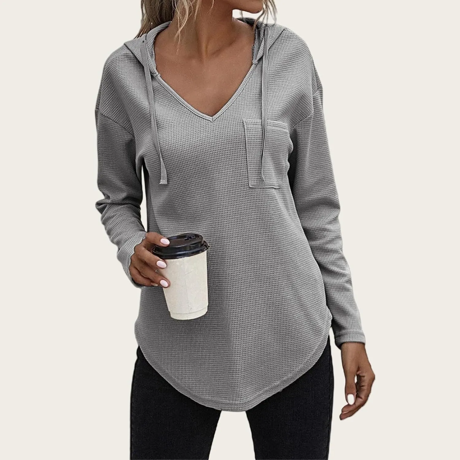Long Sleeve Tops for Women V Neck Waffle Knit Hoodies Casual Drawstring Pullover Tops Trendy Basic Tees with Pocket