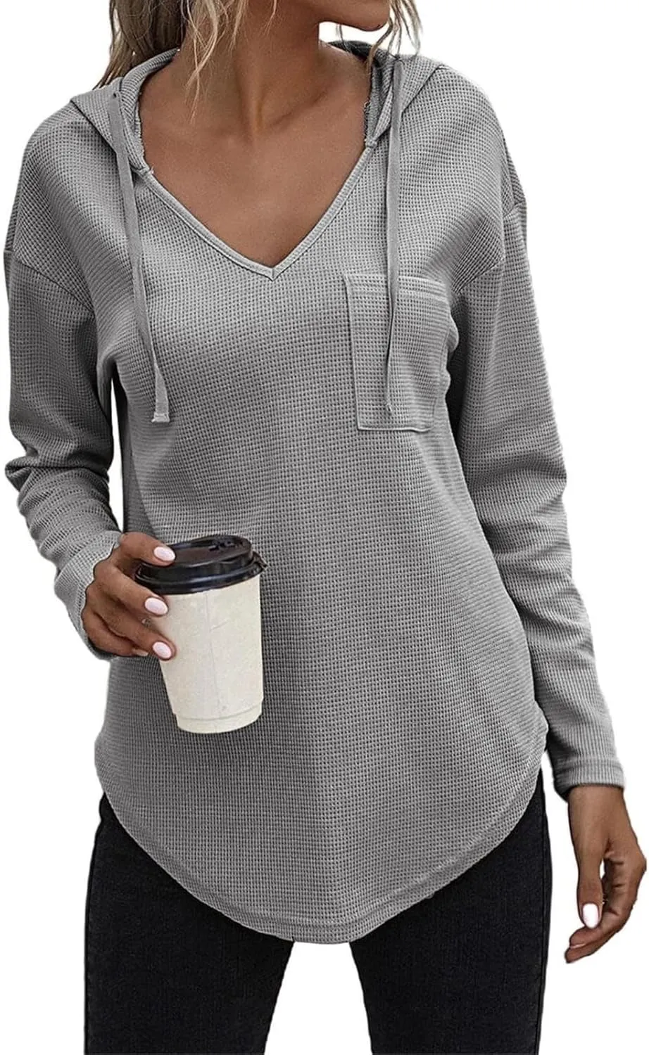 Long Sleeve Tops for Women V Neck Waffle Knit Hoodies Casual Drawstring Pullover Tops Trendy Basic Tees with Pocket