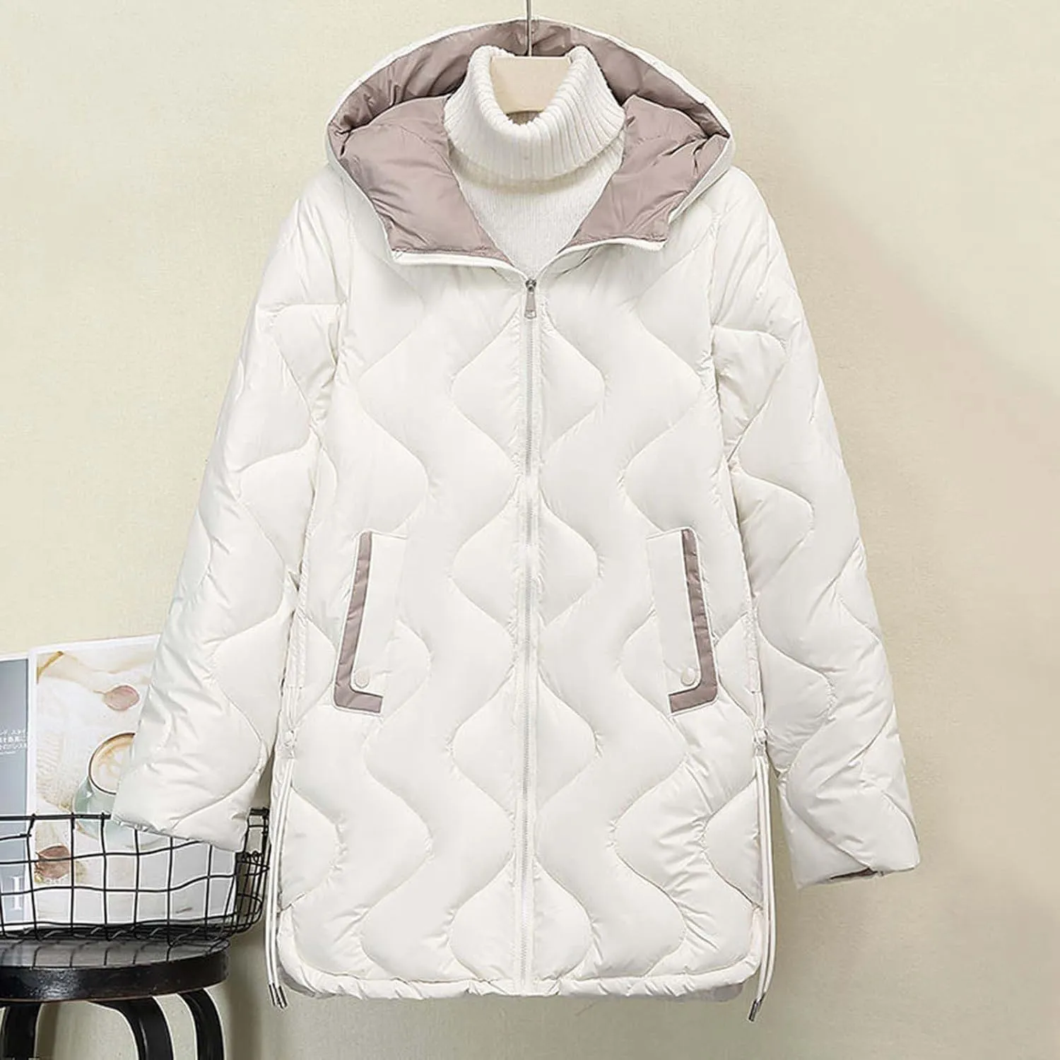 Long Windproof Puffer Down Jackets Lightweight Hooded Quilted Jackets Winter Warm Full Zip Up Padded Trench Coats
