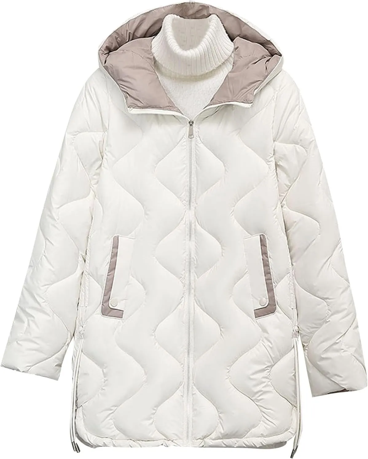 Long Windproof Puffer Down Jackets Lightweight Hooded Quilted Jackets Winter Warm Full Zip Up Padded Trench Coats