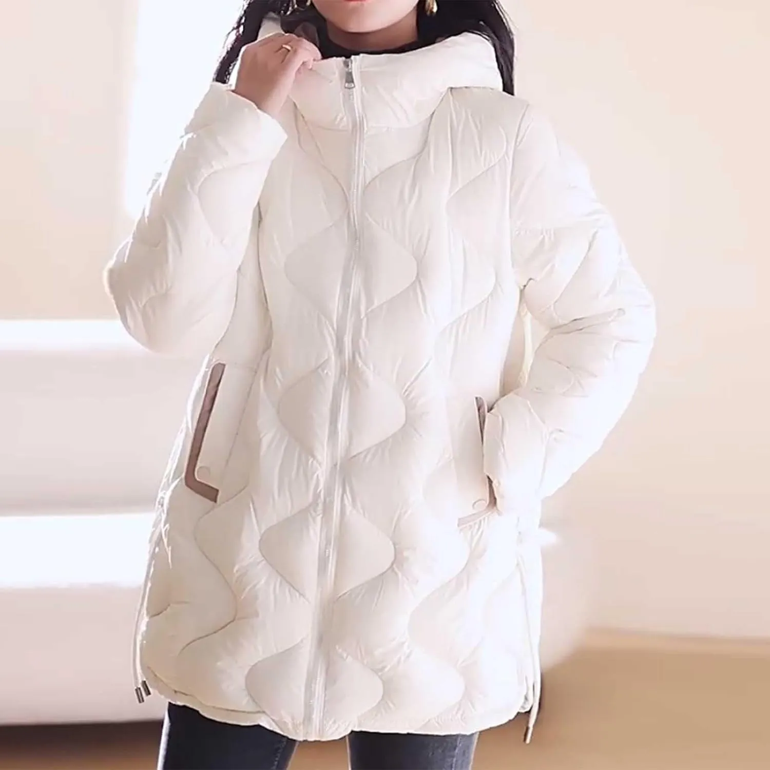 Long Windproof Puffer Down Jackets Lightweight Hooded Quilted Jackets Winter Warm Full Zip Up Padded Trench Coats