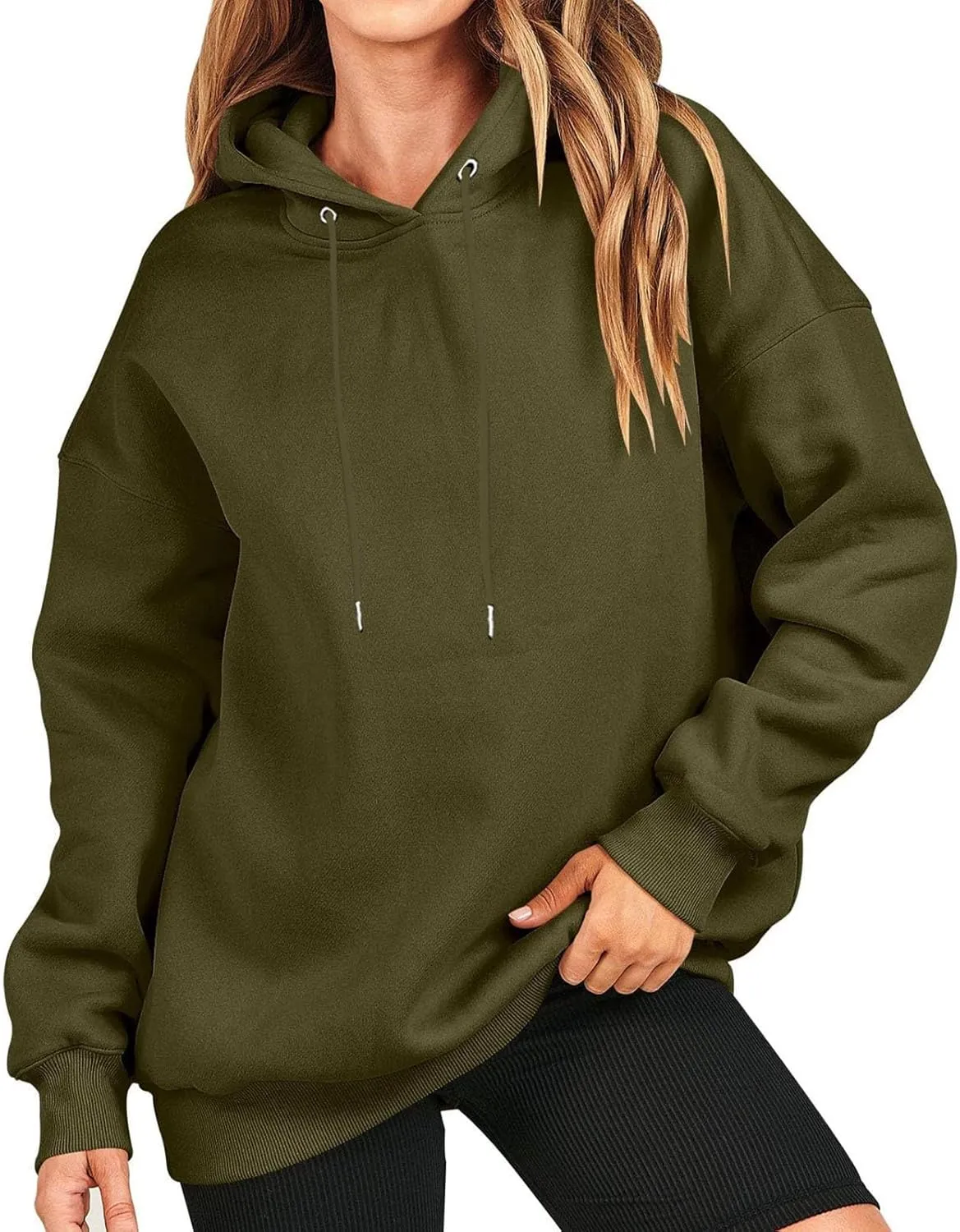 Loose Hoodies for Women Oversized Solid Drawstring Hood Long Sleeve Knit Hem Sweatshirts Autumn Casual Athletic Tops