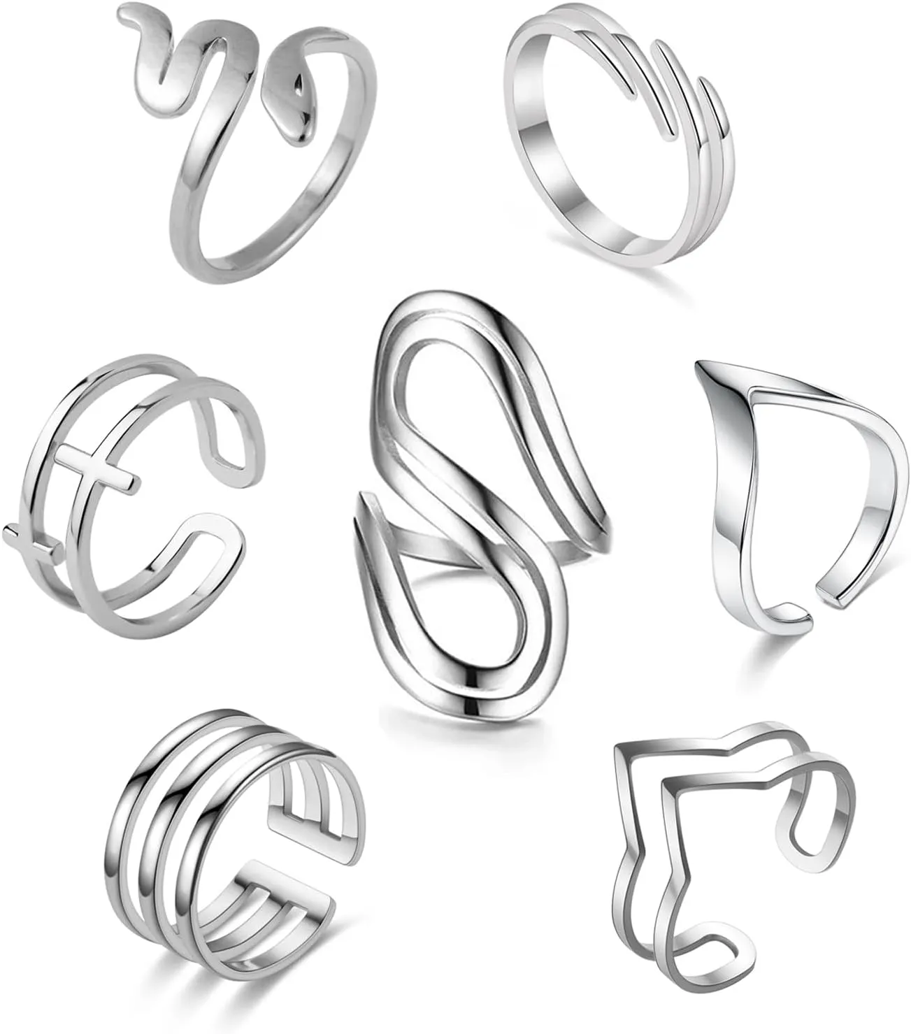 Loqimu 6 Pack Silver Midi Rings Stainless Steel Stackable Rings for Women Open Knuckle Rings Set Wide Irregular Finger Rings for Teen Girls Hug Geometric Fashion Rings Aesthetic Jewelry Gift