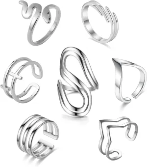 Loqimu 6 Pack Silver Midi Rings Stainless Steel Stackable Rings for Women Open Knuckle Rings Set Wide Irregular Finger Rings for Teen Girls Hug Geometric Fashion Rings Aesthetic Jewelry Gift