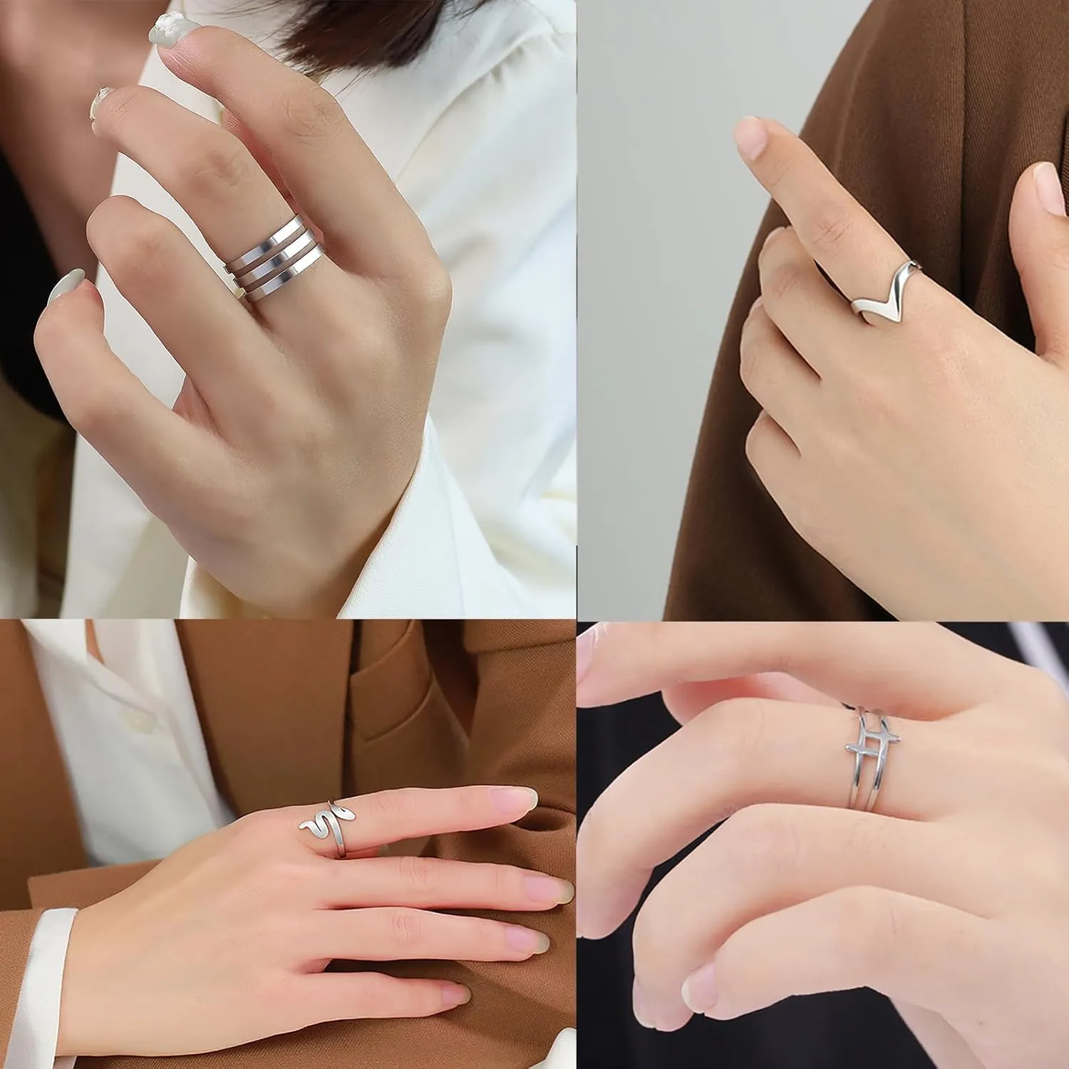 Loqimu 6 Pack Silver Midi Rings Stainless Steel Stackable Rings for Women Open Knuckle Rings Set Wide Irregular Finger Rings for Teen Girls Hug Geometric Fashion Rings Aesthetic Jewelry Gift