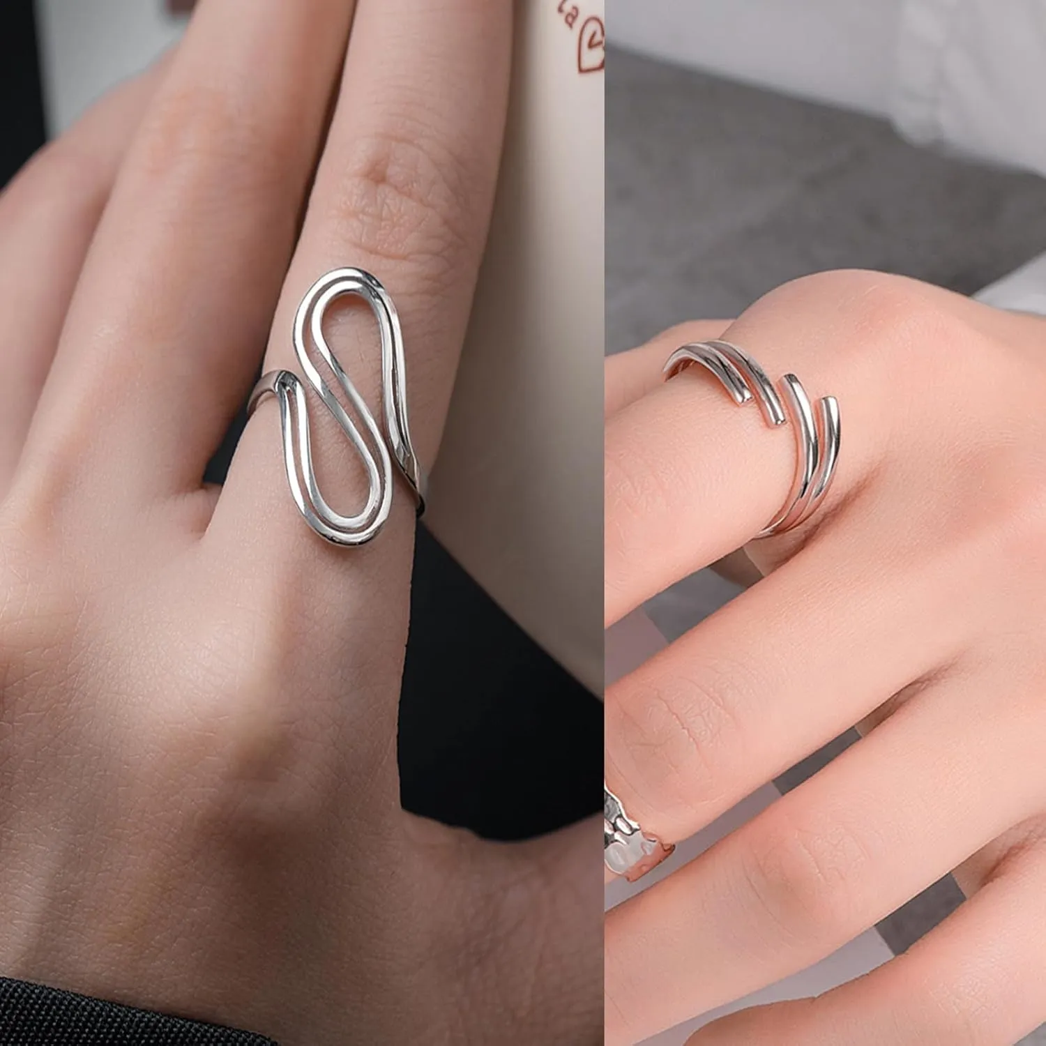 Loqimu 6 Pack Silver Midi Rings Stainless Steel Stackable Rings for Women Open Knuckle Rings Set Wide Irregular Finger Rings for Teen Girls Hug Geometric Fashion Rings Aesthetic Jewelry Gift