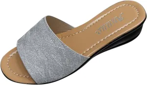Low Wedge Slide Sandals for Women Dressy Glitter Slip on Orthopedic Sandals 2025 Summer Casual Fancy Open Toe Shoes