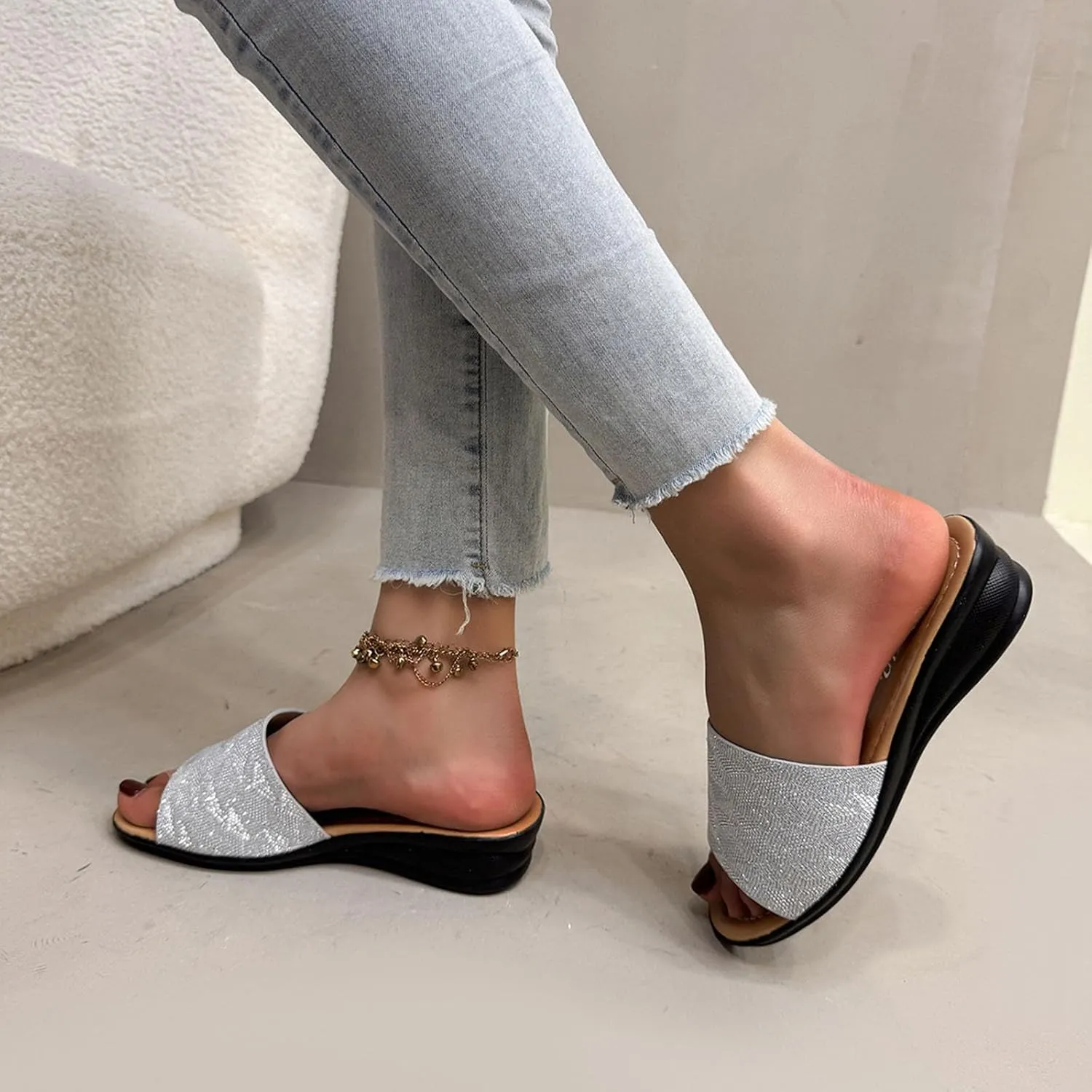 Low Wedge Slide Sandals for Women Dressy Glitter Slip on Orthopedic Sandals 2025 Summer Casual Fancy Open Toe Shoes
