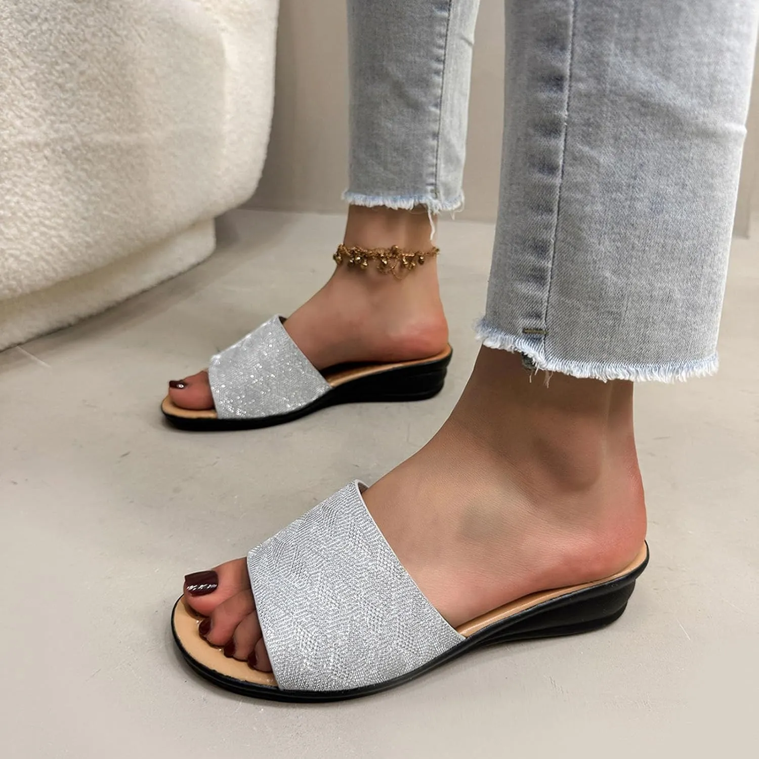 Low Wedge Slide Sandals for Women Dressy Glitter Slip on Orthopedic Sandals 2025 Summer Casual Fancy Open Toe Shoes