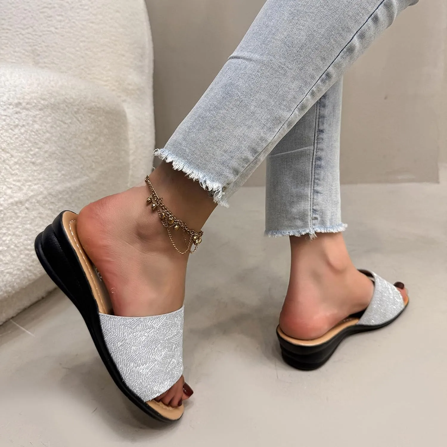 Low Wedge Slide Sandals for Women Dressy Glitter Slip on Orthopedic Sandals 2025 Summer Casual Fancy Open Toe Shoes