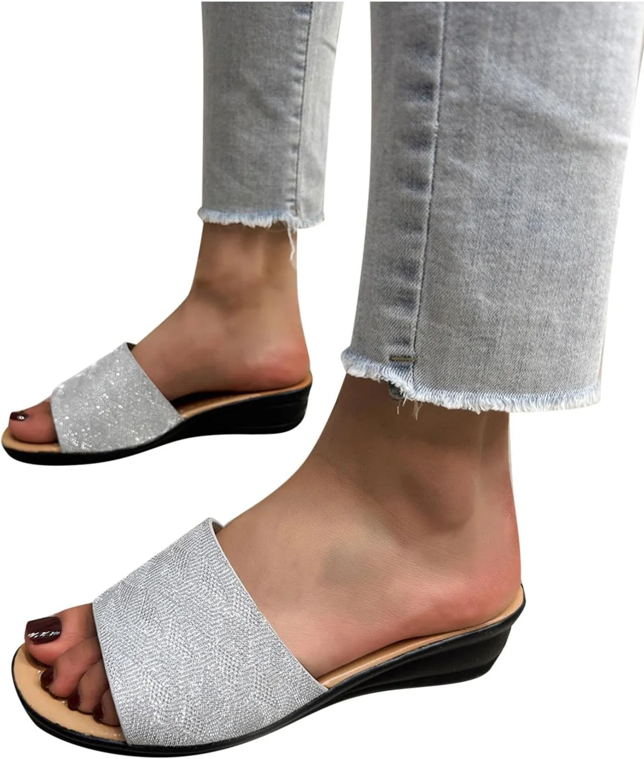 Low Wedge Slide Sandals for Women Dressy Glitter Slip on Orthopedic Sandals 2025 Summer Casual Fancy Open Toe Shoes