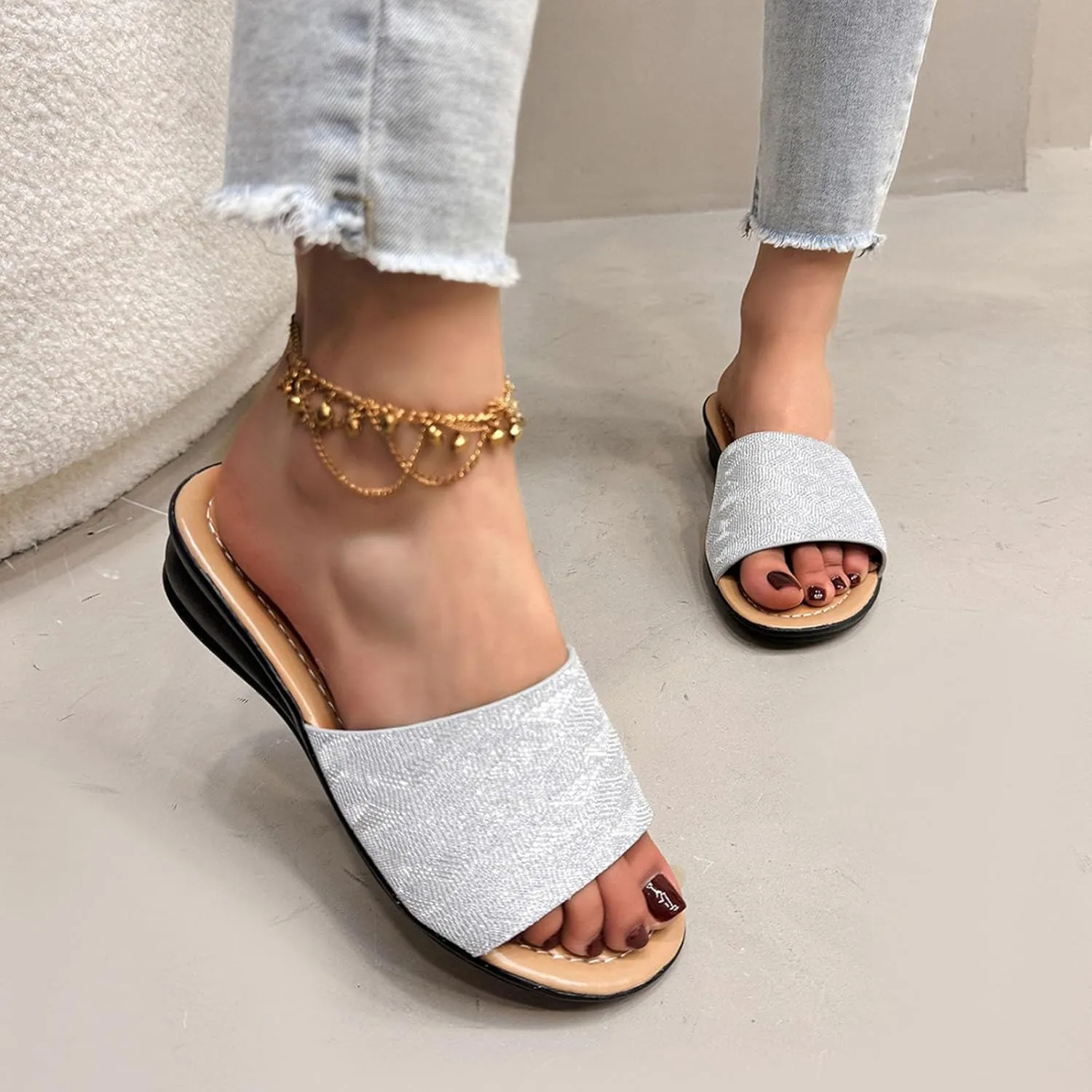 Low Wedge Slide Sandals for Women Dressy Glitter Slip on Orthopedic Sandals 2025 Summer Casual Fancy Open Toe Shoes