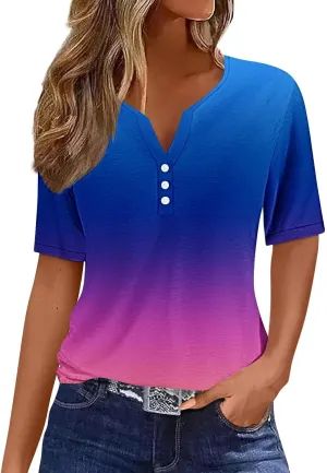 LRMQS Summer Tops for Women 2024 Trendy Vacation Short Sleeve Button V Neck T Shirt Boho Casual Fashion Spring Tee Clothes