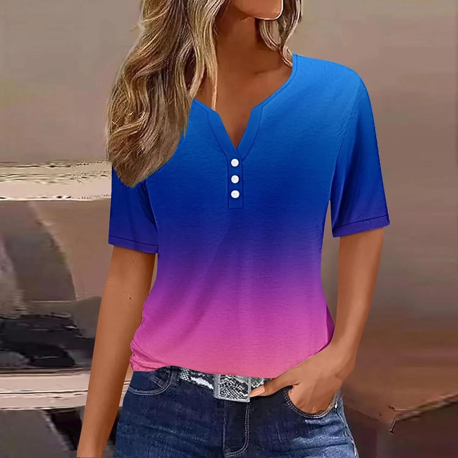 LRMQS Summer Tops for Women 2024 Trendy Vacation Short Sleeve Button V Neck T Shirt Boho Casual Fashion Spring Tee Clothes