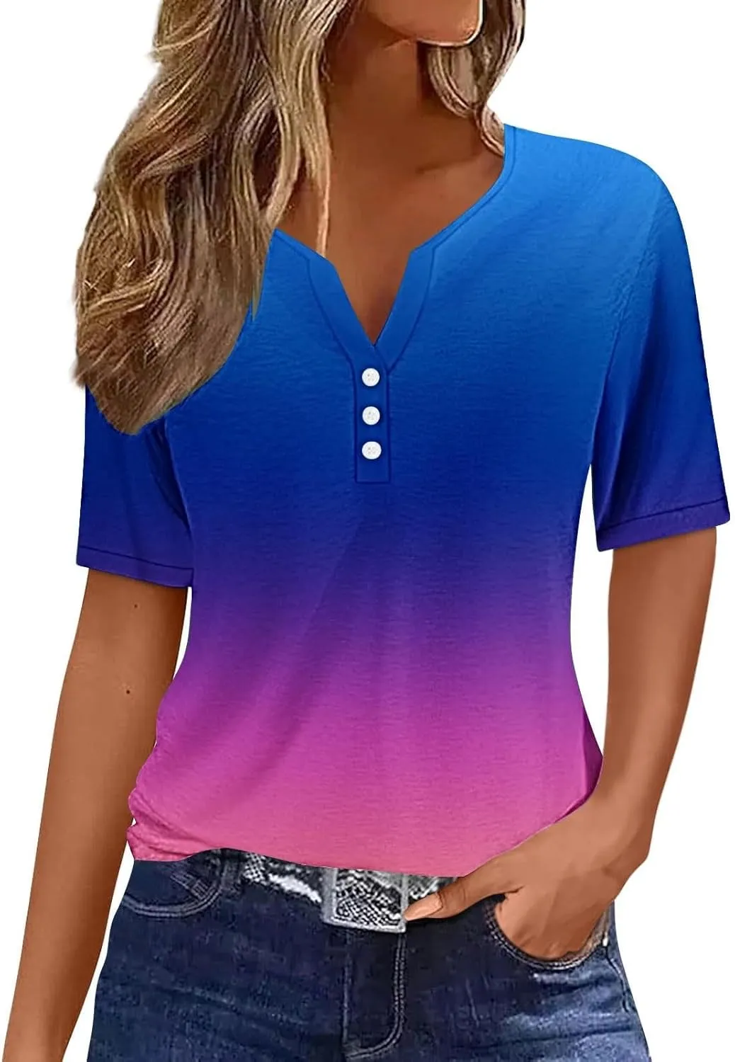 LRMQS Summer Tops for Women 2024 Trendy Vacation Short Sleeve Button V Neck T Shirt Boho Casual Fashion Spring Tee Clothes