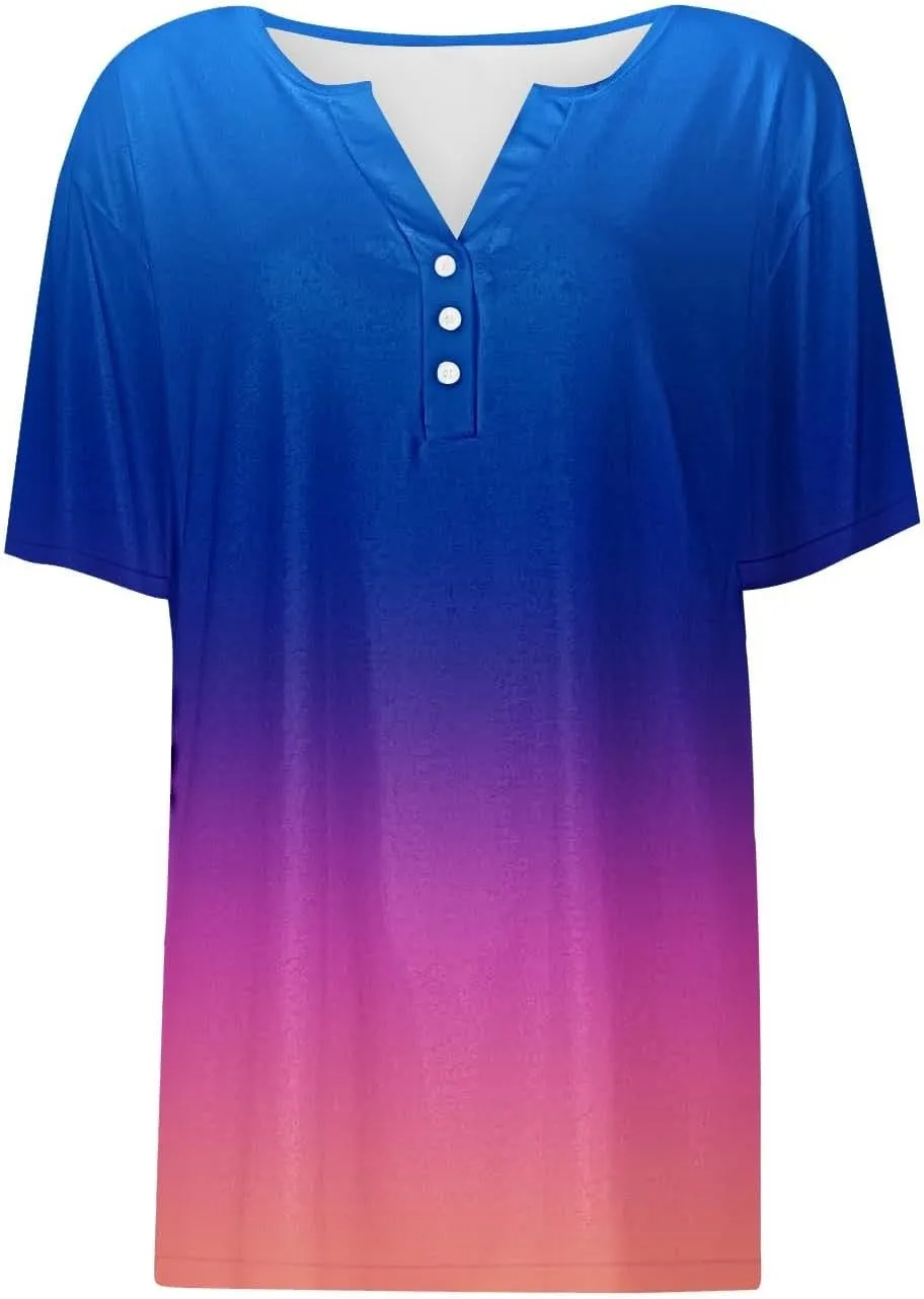 LRMQS Summer Tops for Women 2024 Trendy Vacation Short Sleeve Button V Neck T Shirt Boho Casual Fashion Spring Tee Clothes