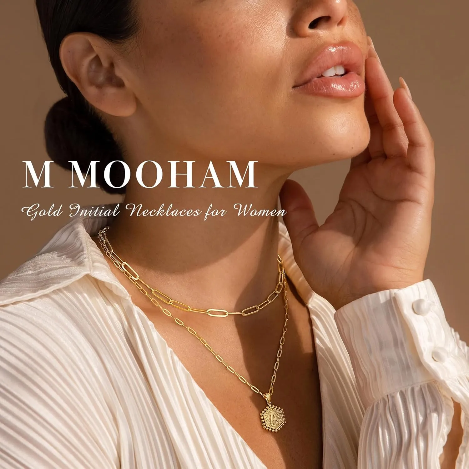 M MOOHAM Dainty Gold Necklace for Women - 14K Solid Gold Over Layering Necklaces for Women Cute Hexagon Letter Initial Necklaces for Women Gold Layered Necklaces for Women Jewelry Gifts