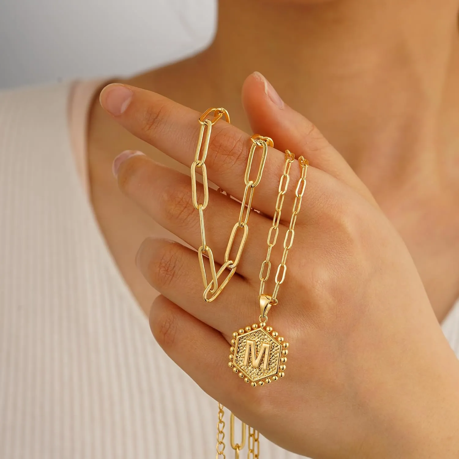 M MOOHAM Dainty Gold Necklace for Women - 14K Solid Gold Over Layering Necklaces for Women Cute Hexagon Letter Initial Necklaces for Women Gold Layered Necklaces for Women Jewelry Gifts