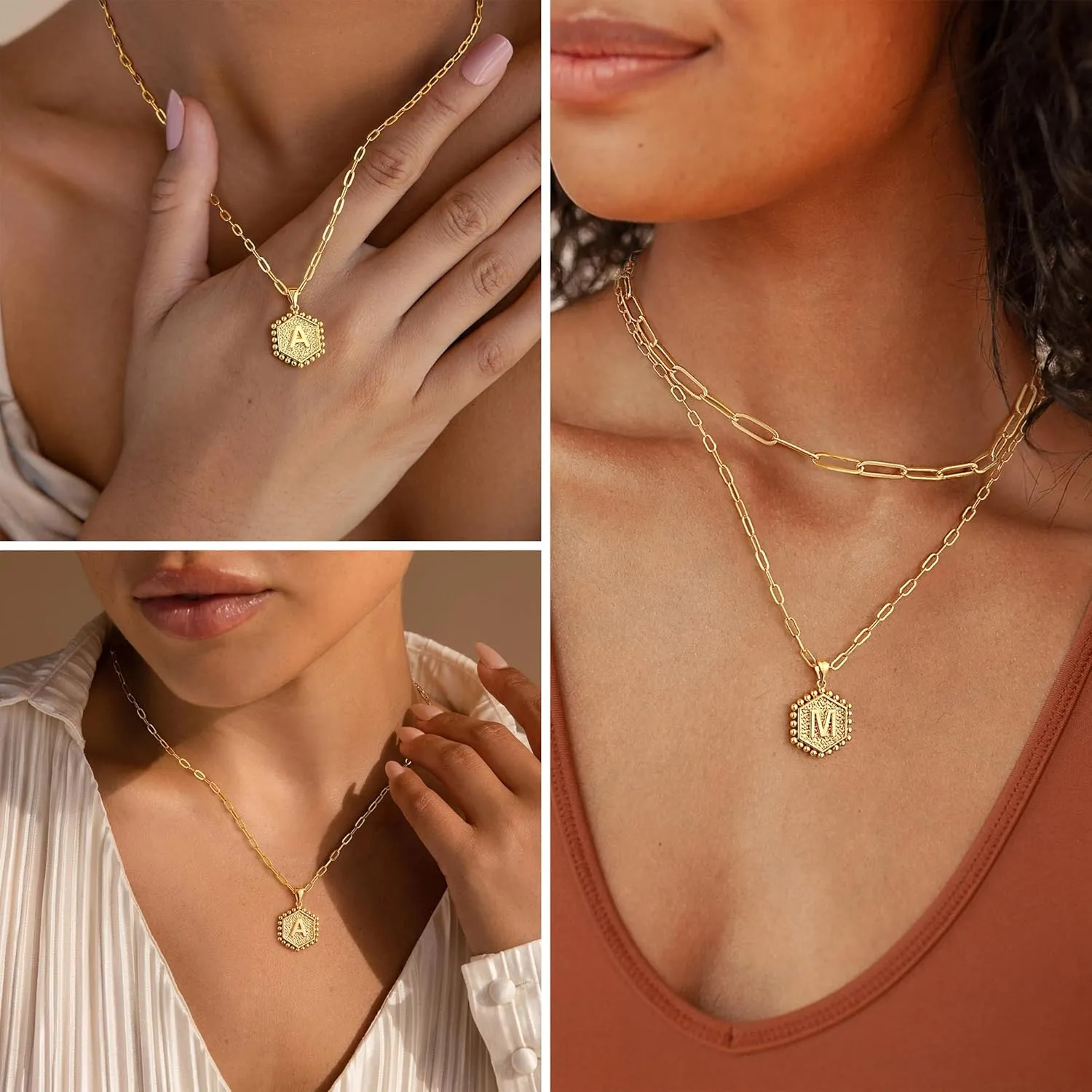 M MOOHAM Dainty Gold Necklace for Women - 14K Solid Gold Over Layering Necklaces for Women Cute Hexagon Letter Initial Necklaces for Women Gold Layered Necklaces for Women Jewelry Gifts