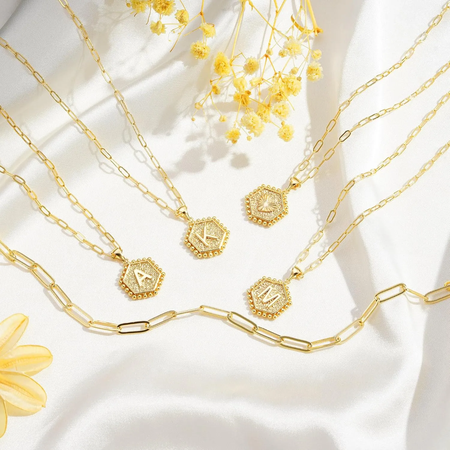 M MOOHAM Dainty Gold Necklace for Women - 14K Solid Gold Over Layering Necklaces for Women Cute Hexagon Letter Initial Necklaces for Women Gold Layered Necklaces for Women Jewelry Gifts
