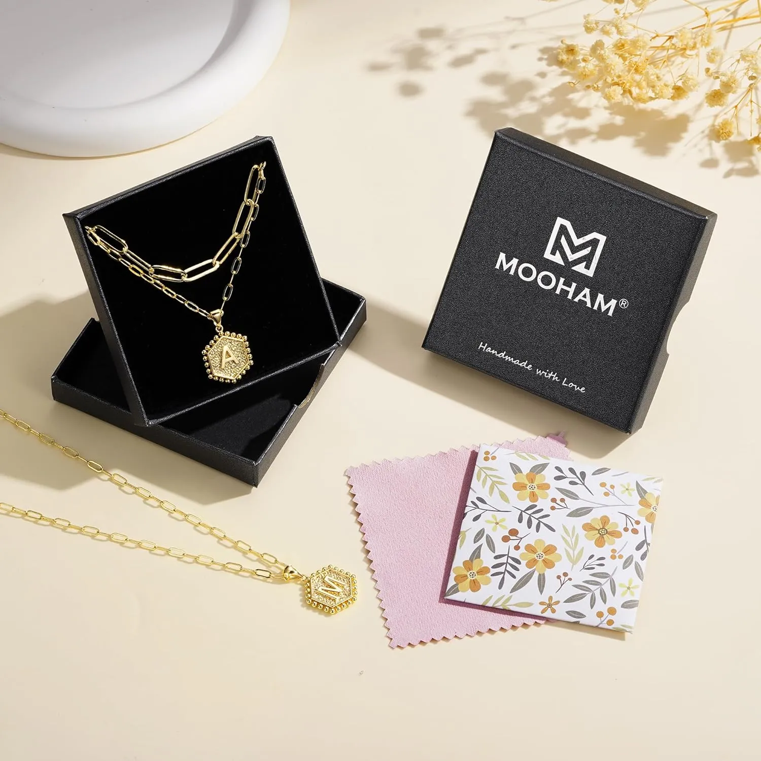 M MOOHAM Dainty Gold Necklace for Women - 14K Solid Gold Over Layering Necklaces for Women Cute Hexagon Letter Initial Necklaces for Women Gold Layered Necklaces for Women Jewelry Gifts
