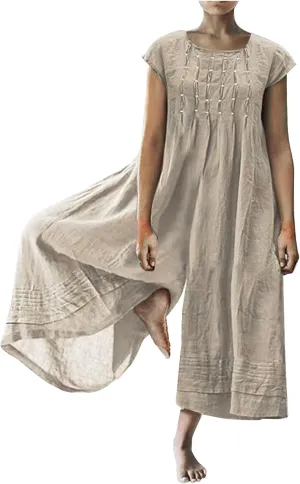 maisdgop Womens Rompers for Summer Short Sleeve Jumpsuits Casual Baggy Wide Leg Overalls Cotton Linen Harem Pants Romper