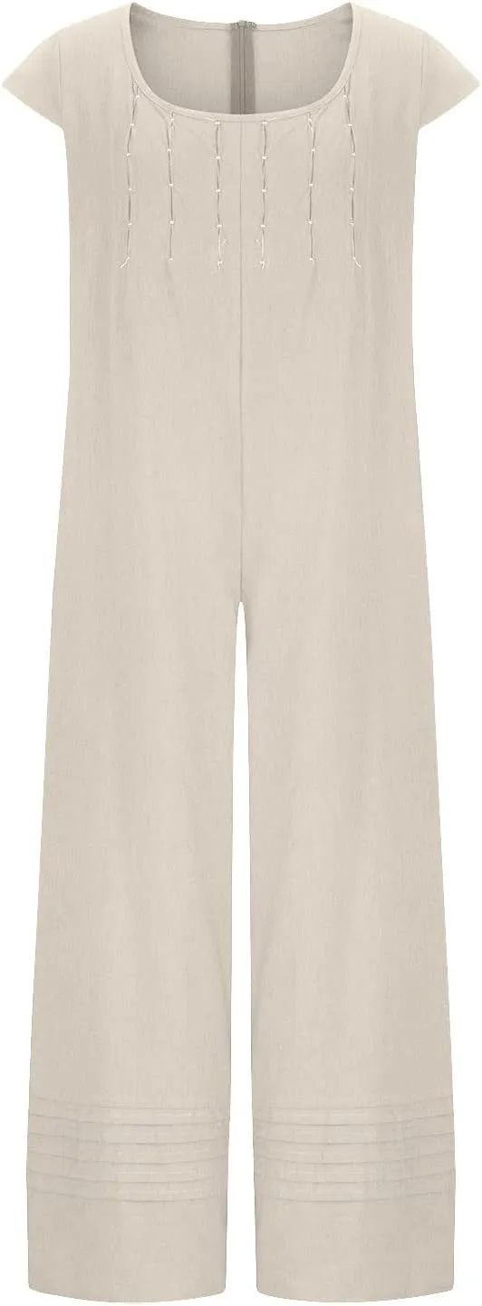 maisdgop Womens Rompers for Summer Short Sleeve Jumpsuits Casual Baggy Wide Leg Overalls Cotton Linen Harem Pants Romper