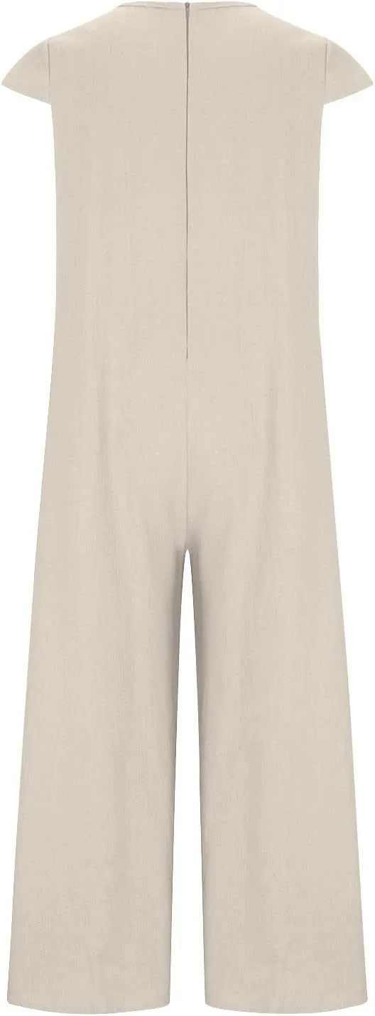 maisdgop Womens Rompers for Summer Short Sleeve Jumpsuits Casual Baggy Wide Leg Overalls Cotton Linen Harem Pants Romper