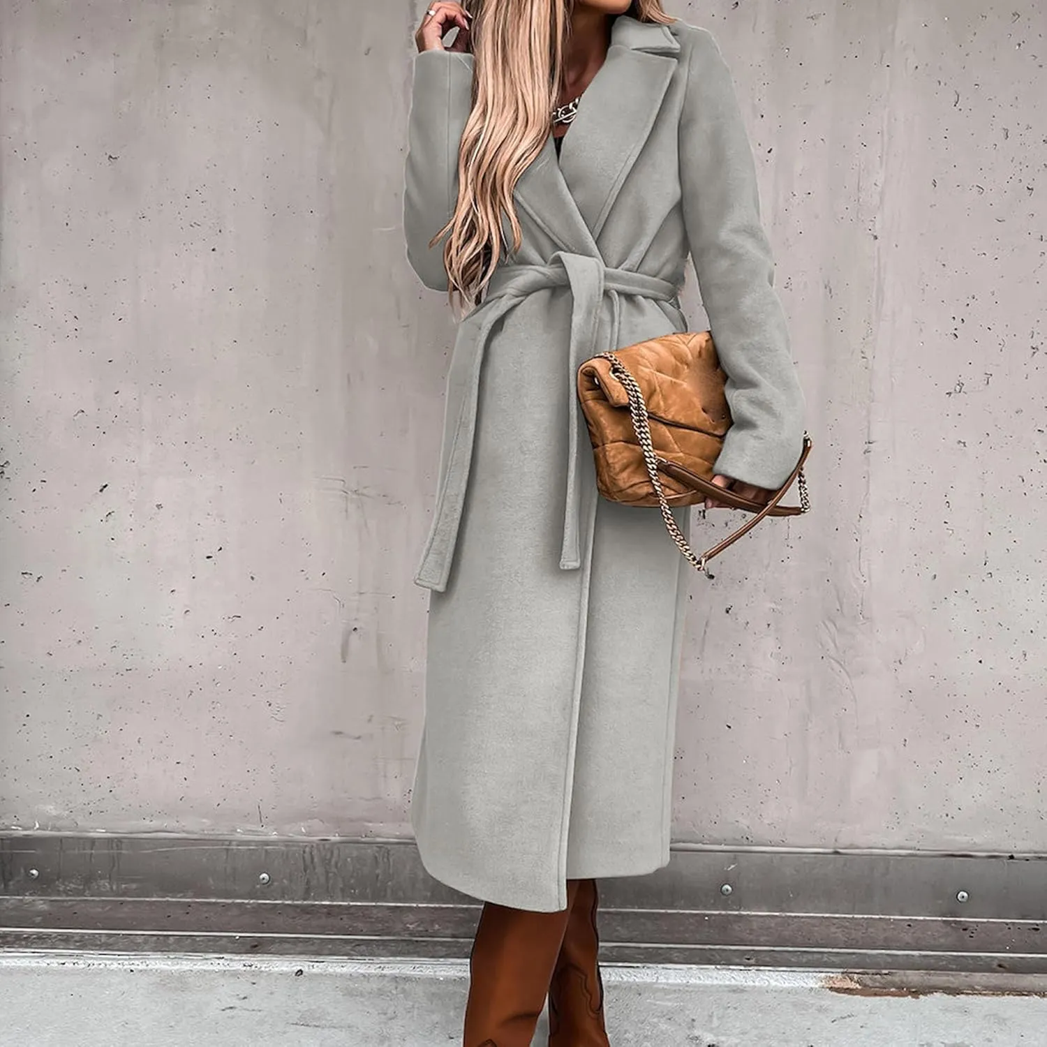 Maiyifu-GJ Women's Notched Lapel Coat Jacket Slim Mid-Long Wool Blend Outerwear Casual Fall Winter Trench Coats with Belt