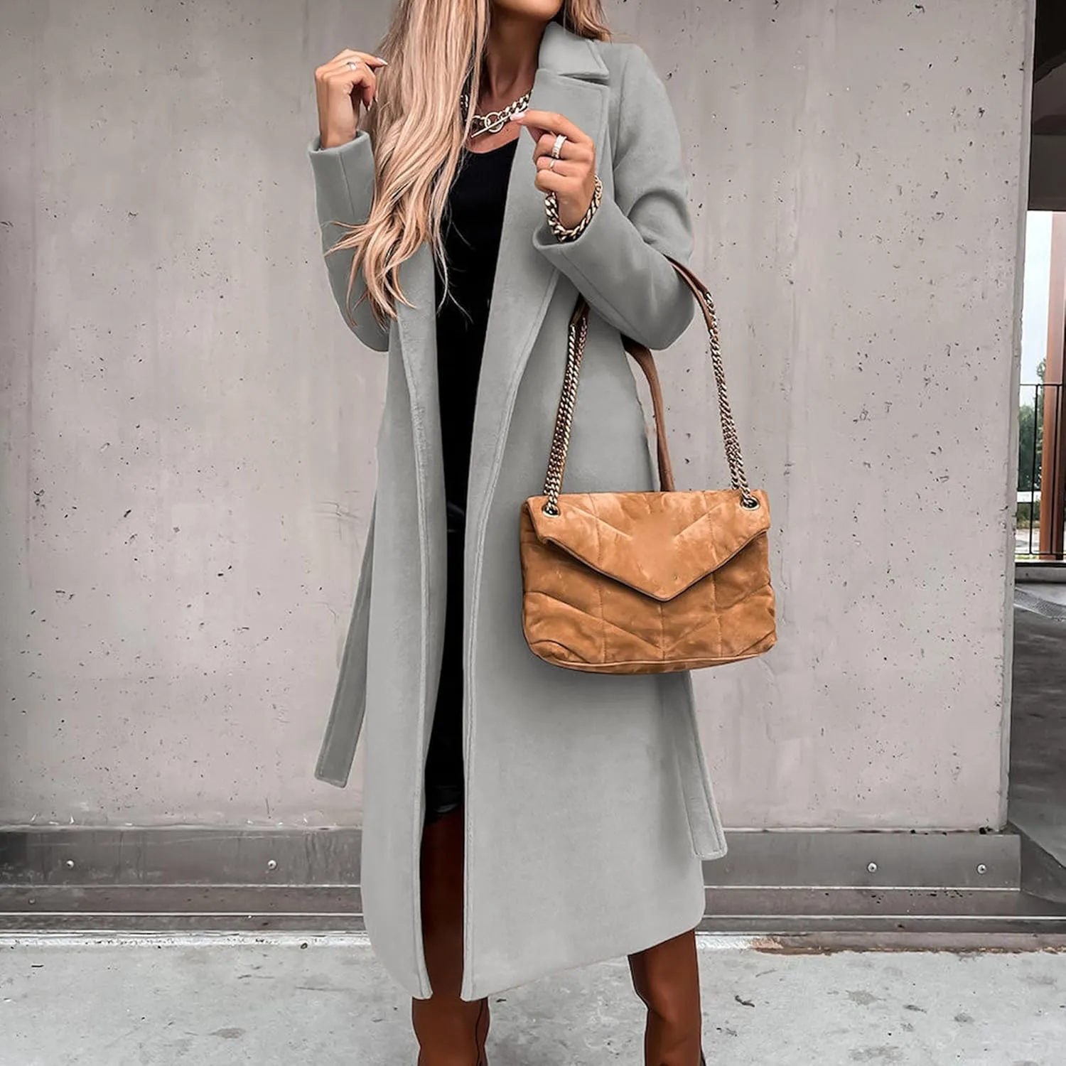 Maiyifu-GJ Women's Notched Lapel Coat Jacket Slim Mid-Long Wool Blend Outerwear Casual Fall Winter Trench Coats with Belt