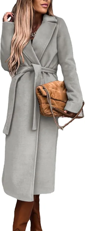 Maiyifu-GJ Women's Notched Lapel Coat Jacket Slim Mid-Long Wool Blend Outerwear Casual Fall Winter Trench Coats with Belt