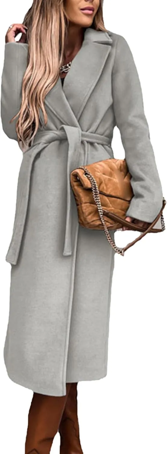 Maiyifu-GJ Women's Notched Lapel Coat Jacket Slim Mid-Long Wool Blend Outerwear Casual Fall Winter Trench Coats with Belt
