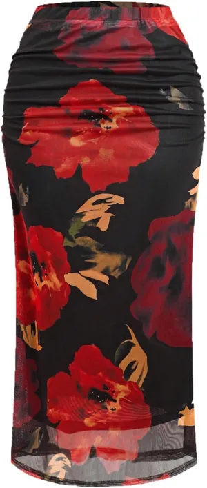 MakeMeChic Women's Floral Print Mesh Skirt Ruched Stretch Bodycon Elegant Long Skirts
