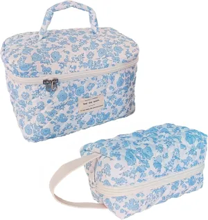 Makeup Bag Set, 2PCS Large Travel Makeup Bags with Floral Coquette Design, Portable Cosmetic Bag Toiletry Organizer, Cute Makeup Brush Storage Bag for Women, Aesthetic Accessories Gift