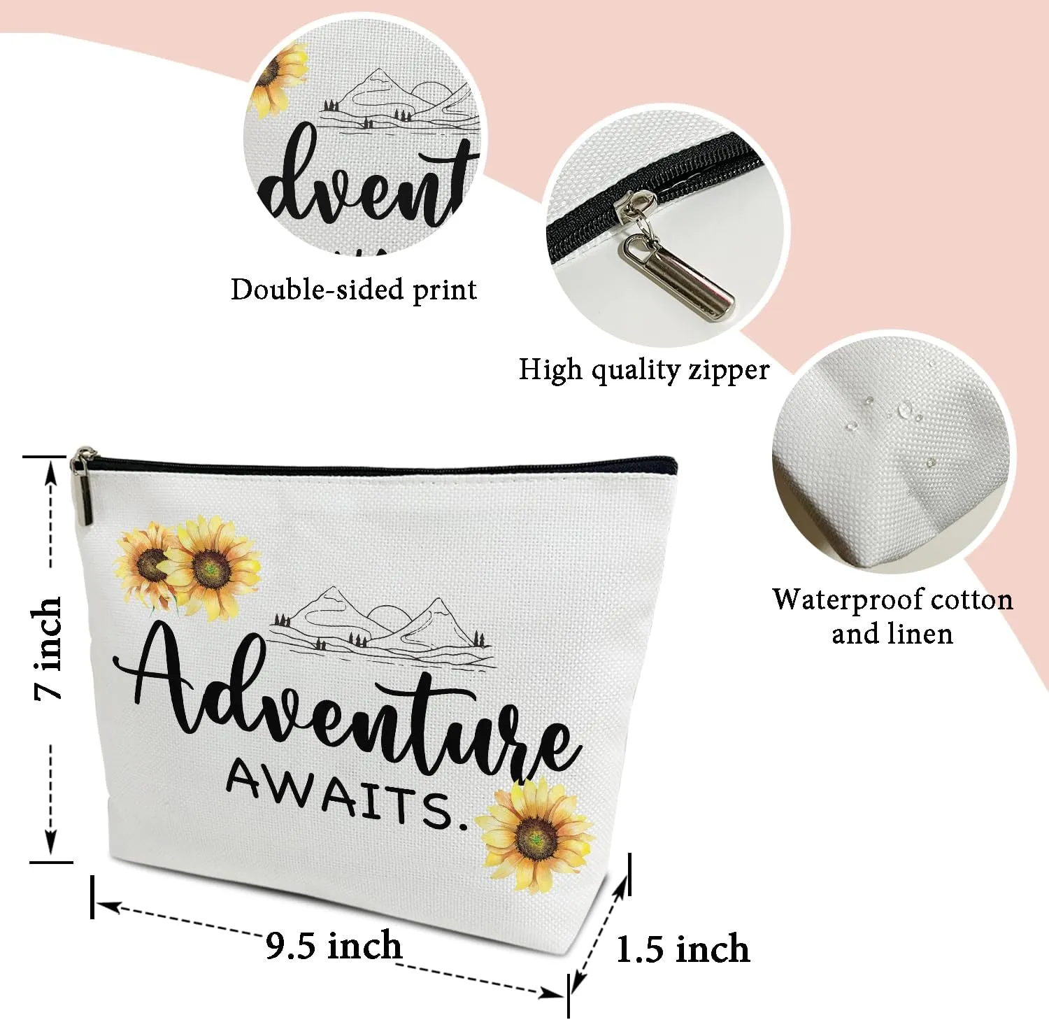Makeup Bag, Sunflower Travel Makeup Organizer Bag, Adventure Awaits, Portable Toiletry Makeup Pouch, Storage Makeup Zipper Bag, Graduation Gifts for Women Sister Friend Girl Mom -01