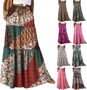Maxi Skirts-2025 Summer Loose Fit Casual Elastic Waist Bohemian Floral Ruffle Pleated Long Skirts for Women Trendy