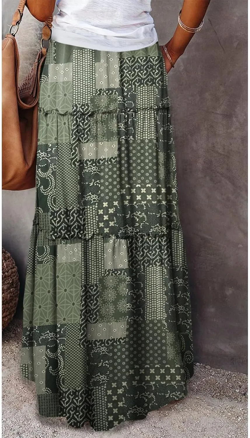 Maxi Skirts-2025 Summer Loose Fit Casual Elastic Waist Bohemian Floral Ruffle Pleated Long Skirts for Women Trendy