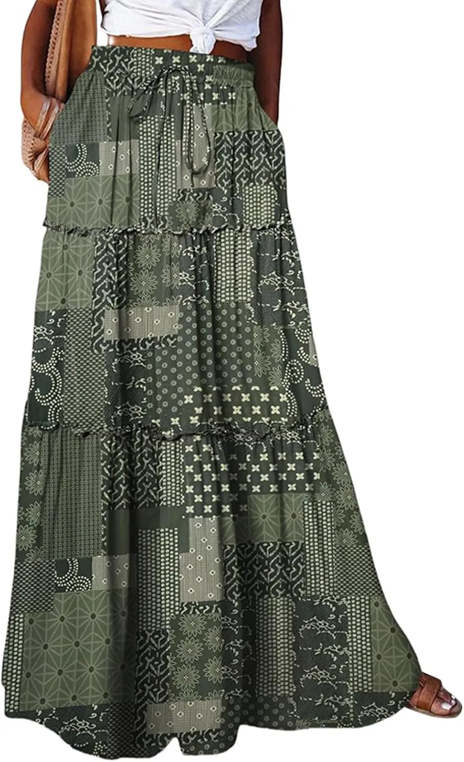 Maxi Skirts-2025 Summer Loose Fit Casual Elastic Waist Bohemian Floral Ruffle Pleated Long Skirts for Women Trendy