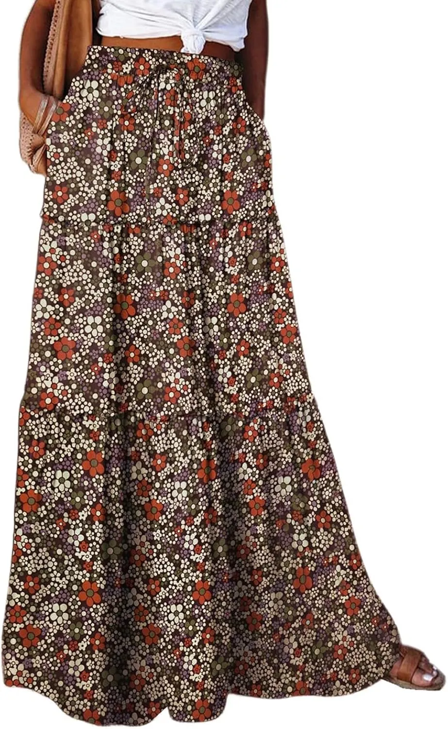 Maxi Skirts-2025 Summer Loose Fit Casual Elastic Waist Bohemian Floral Ruffle Pleated Long Skirts for Women Trendy