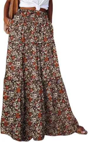 Maxi Skirts-2025 Summer Loose Fit Casual Elastic Waist Bohemian Floral Ruffle Pleated Long Skirts for Women Trendy