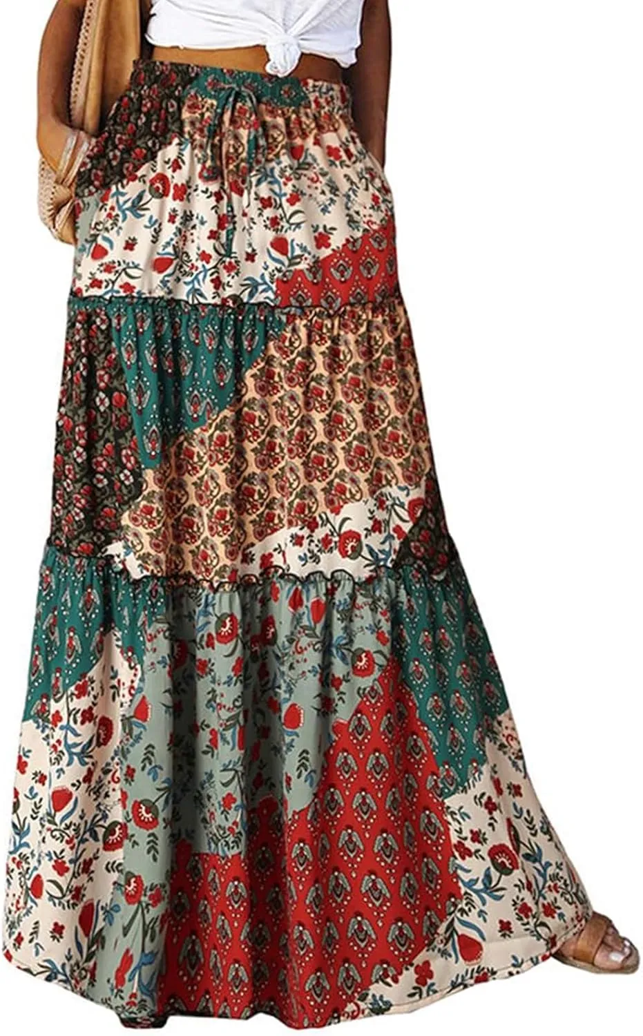 Maxi Skirts-2025 Summer Loose Fit Casual Elastic Waist Bohemian Floral Ruffle Pleated Long Skirts for Women Trendy