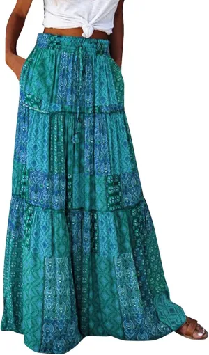 Maxi Skirts-2025 Summer Loose Fit Casual Elastic Waist Bohemian Floral Ruffle Pleated Long Skirts for Women Trendy