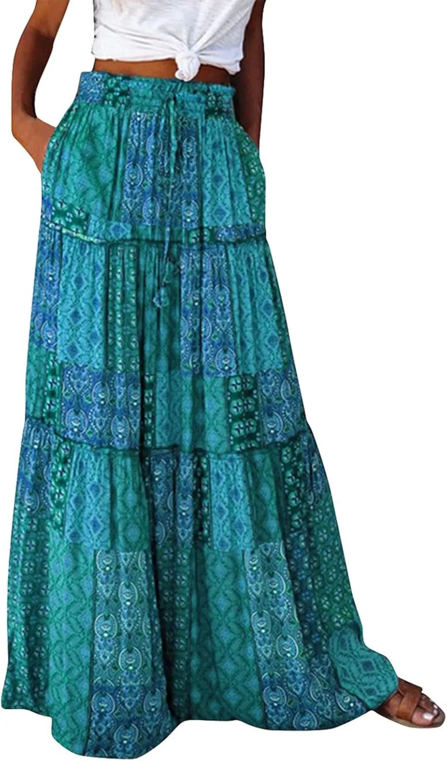 Maxi Skirts-2025 Summer Loose Fit Casual Elastic Waist Bohemian Floral Ruffle Pleated Long Skirts for Women Trendy