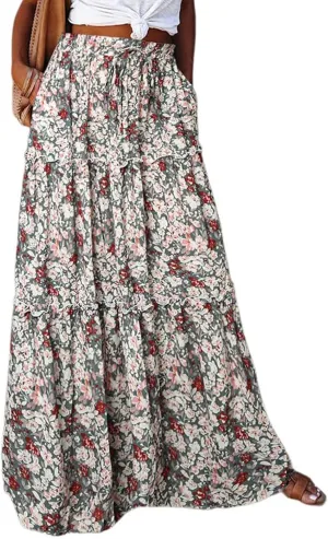 Maxi Skirts-2025 Summer Loose Fit Casual Elastic Waist Bohemian Floral Ruffle Pleated Long Skirts for Women Trendy