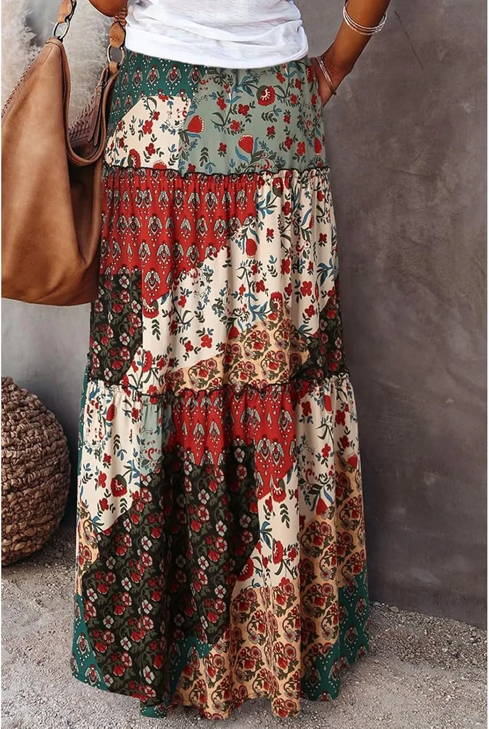 Maxi Skirts-2025 Summer Loose Fit Casual Elastic Waist Bohemian Floral Ruffle Pleated Long Skirts for Women Trendy