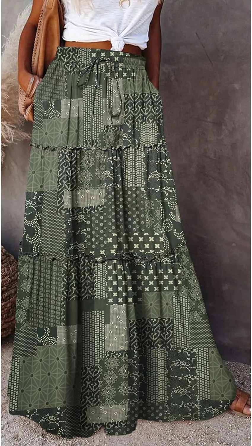 Maxi Skirts-2025 Summer Loose Fit Casual Elastic Waist Bohemian Floral Ruffle Pleated Long Skirts for Women Trendy