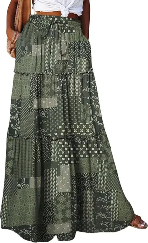Maxi Skirts-2025 Summer Loose Fit Casual Elastic Waist Bohemian Floral Ruffle Pleated Long Skirts for Women Trendy