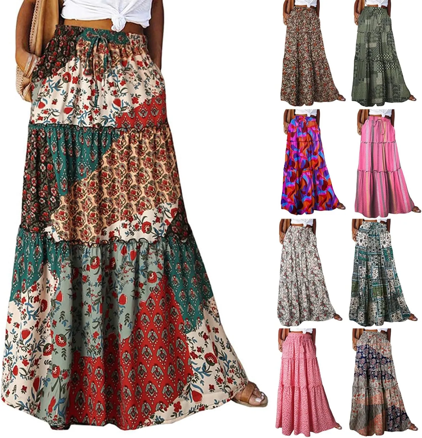 Maxi Skirts-2025 Summer Loose Fit Casual Elastic Waist Bohemian Floral Ruffle Pleated Long Skirts for Women Trendy