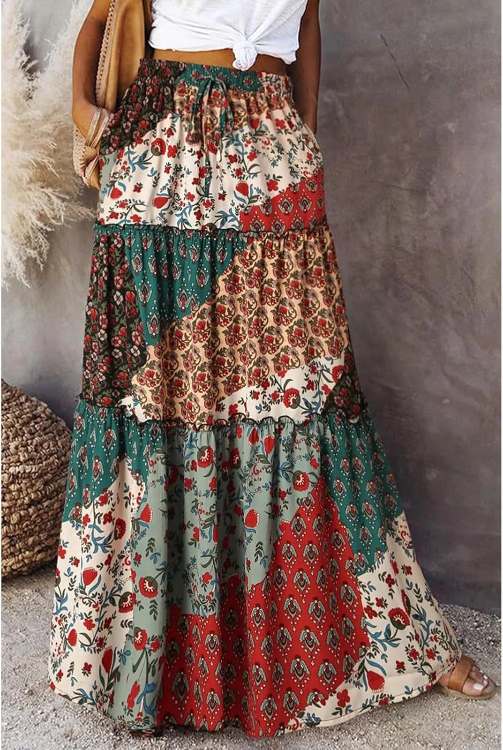 Maxi Skirts-2025 Summer Loose Fit Casual Elastic Waist Bohemian Floral Ruffle Pleated Long Skirts for Women Trendy
